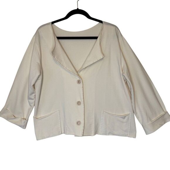 Ivory Cotton French Terry Knit Boxy, Oversized 3/4 Sleeve Jacket Sz S/M - Picture 1 of 11